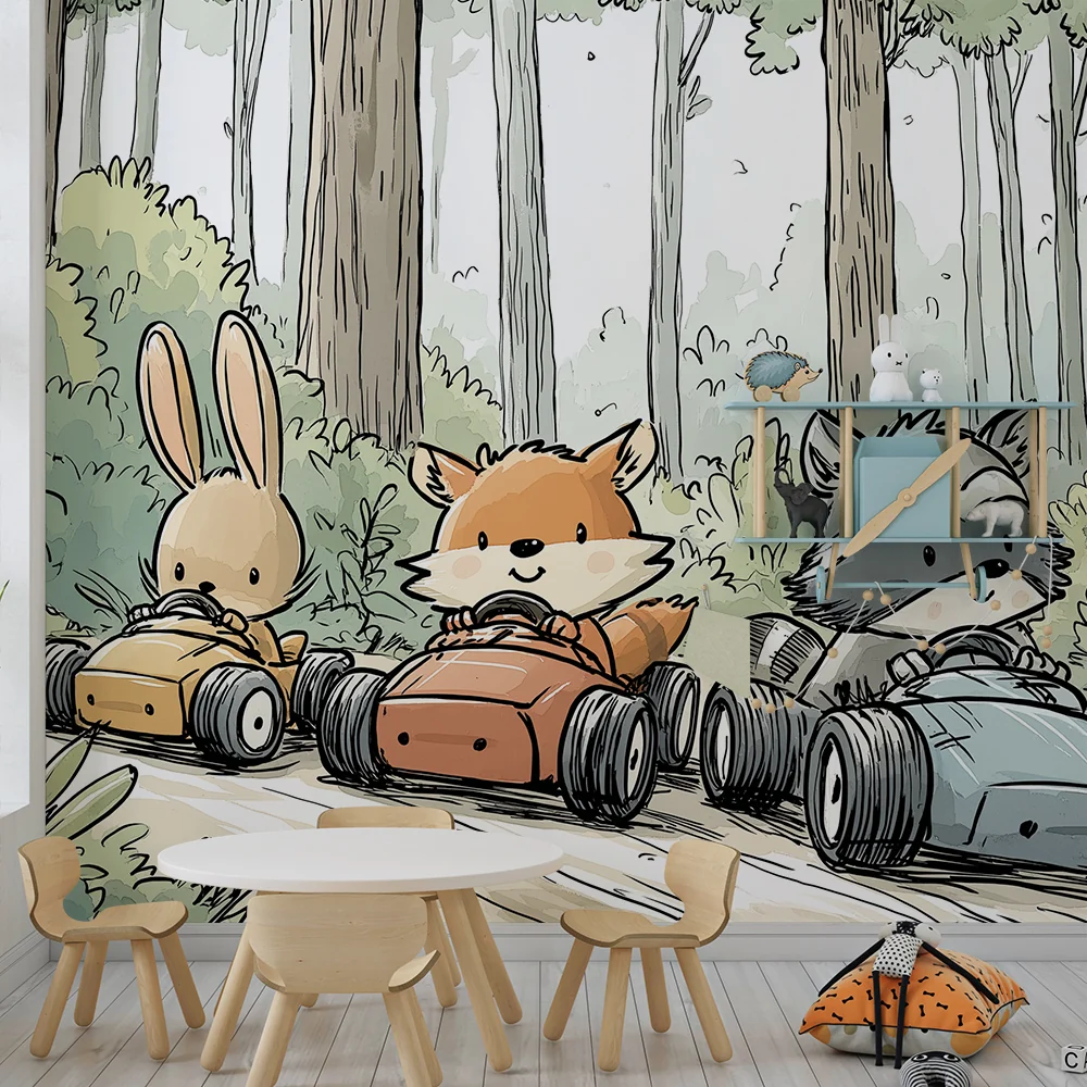 Papel de parede crianç | Aventura na floresta com animais em karting