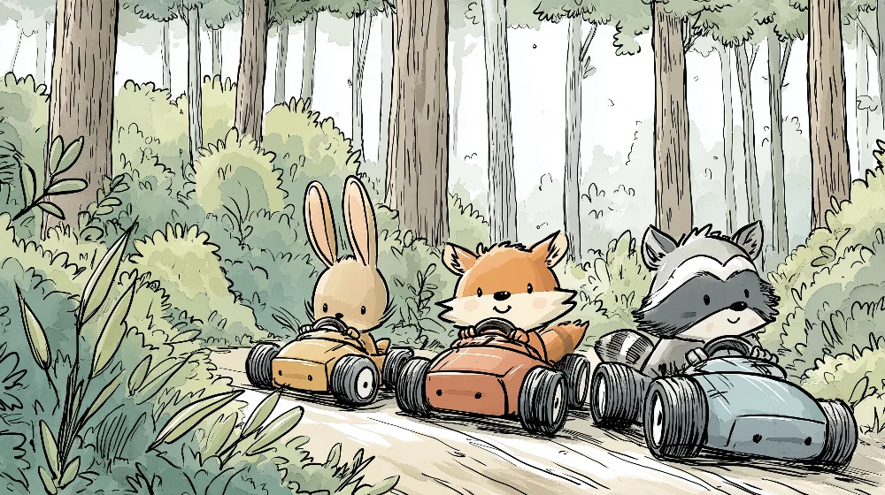 Papel de parede crianç | Aventura na floresta com animais em karting