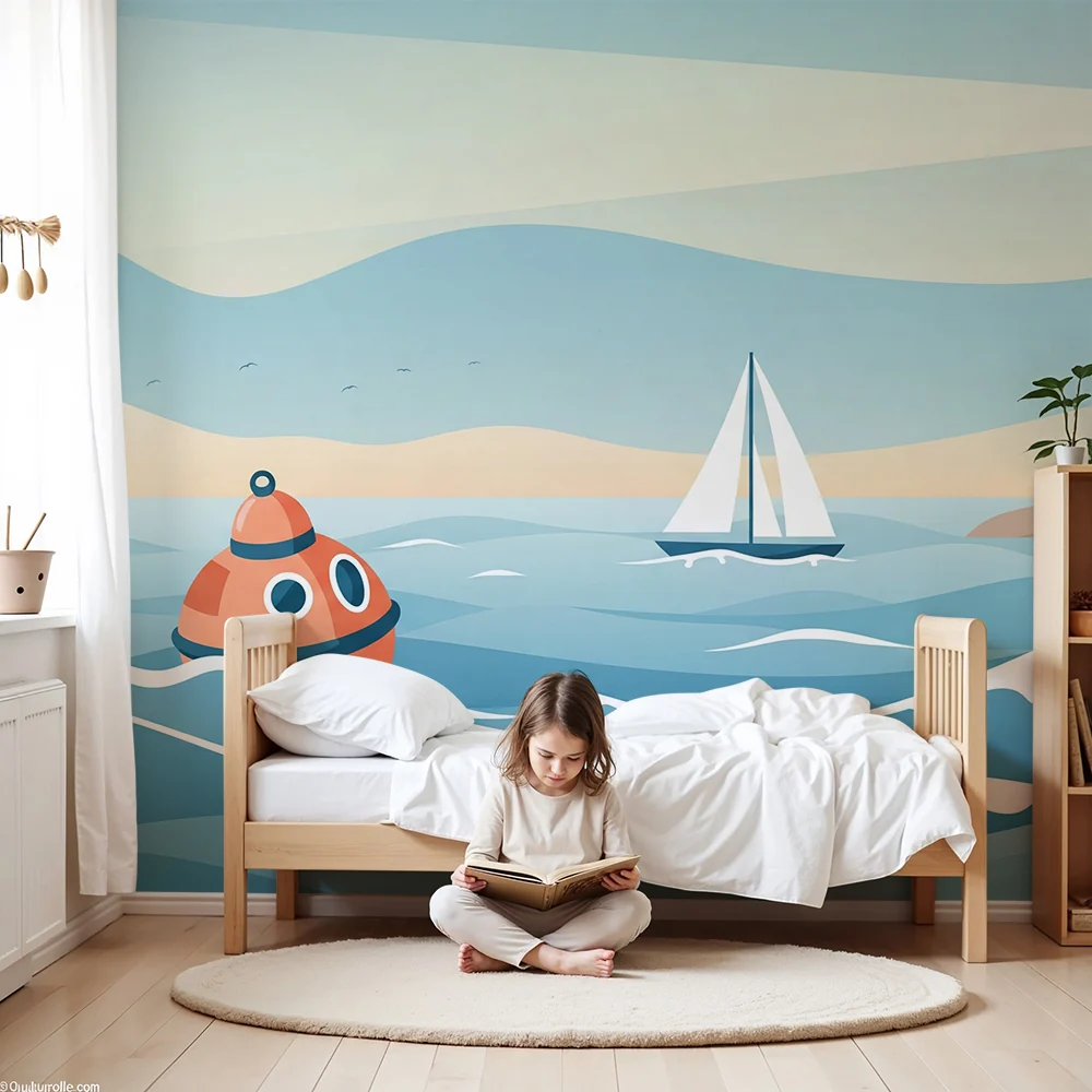 Papel de parede crianç | Aventura marítima com farol e submarino colorido