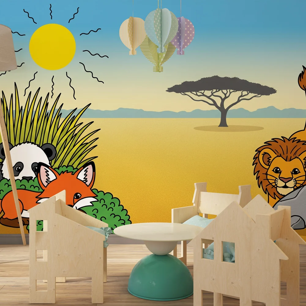 Papel de parede crianç | Aventura na savana com animais coloridos