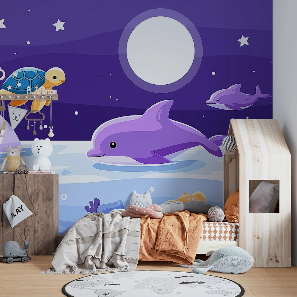 Papel de parede crianç | Aventura submarina com golfinhos e tartarugas