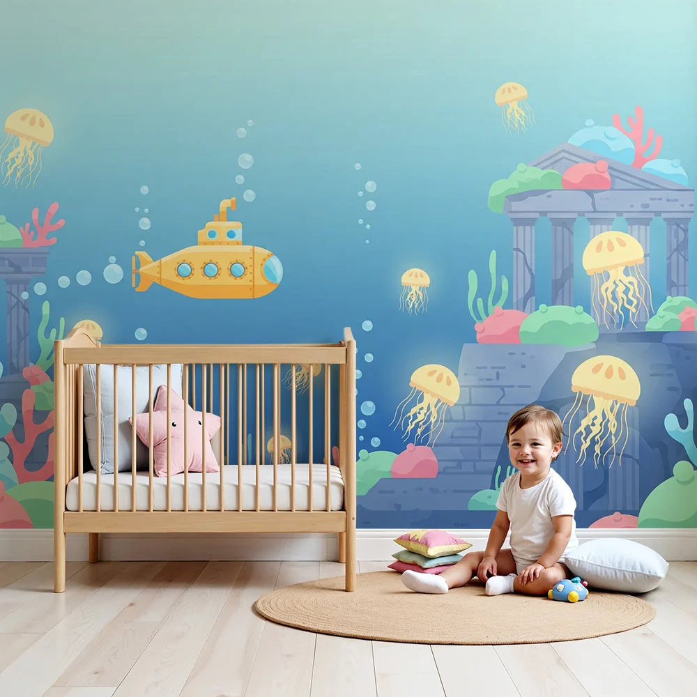 Papel de parede crianç | Aventura submarina com submarino e medusas coloridas