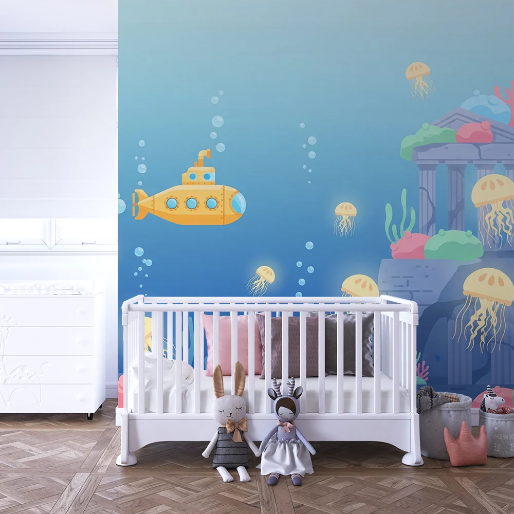 Papel de parede crianç | Aventura submarina com submarino e medusas coloridas