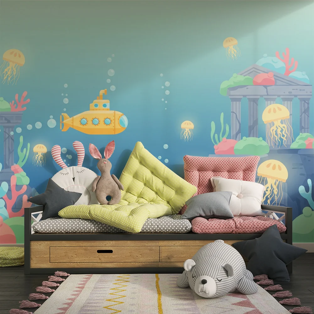 Papel de parede crianç | Aventura submarina com submarino e medusas coloridas