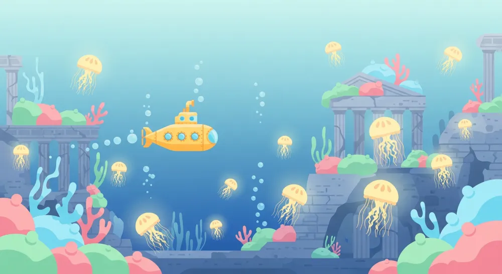 Papel de parede crianç | Aventura submarina com submarino e medusas coloridas