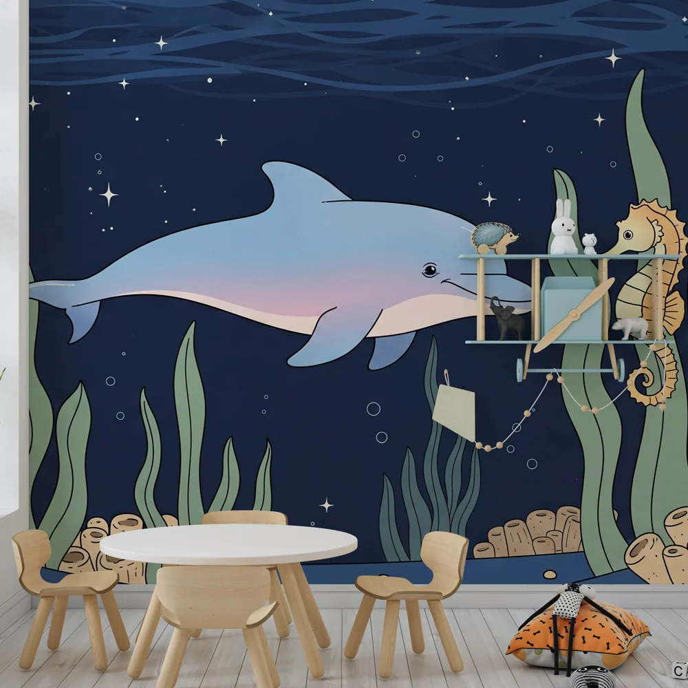 Papel de parede crianç | Aventuras marinhas com um golfinho e um cavalo-marinho