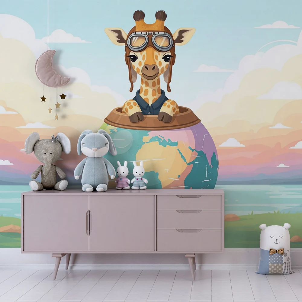 Papel de parede crianç | Aventureira girafa no globo terrestre