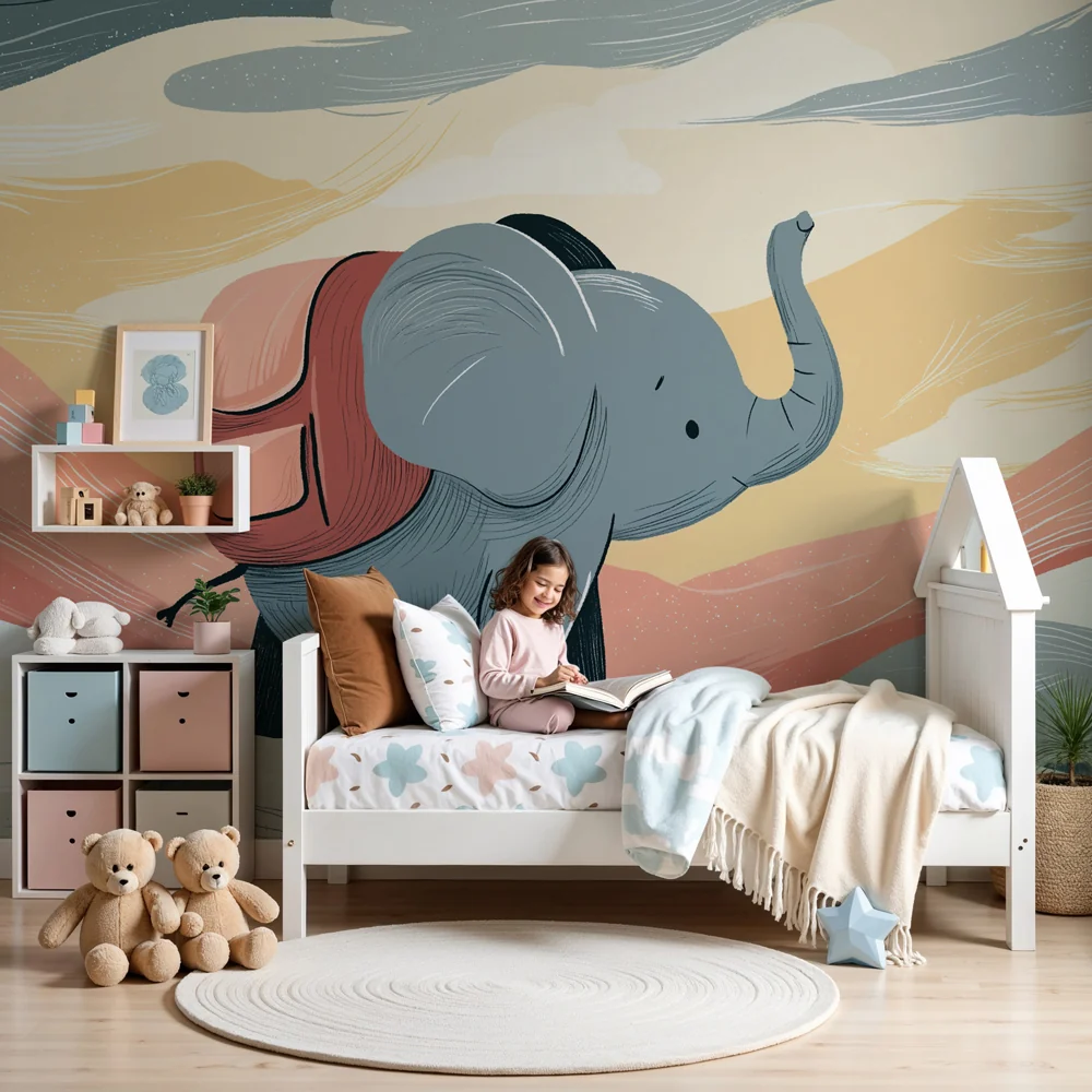 Papel de parede crianç | Aventureiro elefante ao pôr do sol