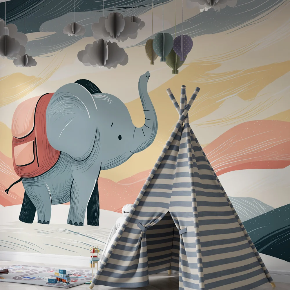 Papel de parede crianç | Aventureiro elefante ao pôr do sol
