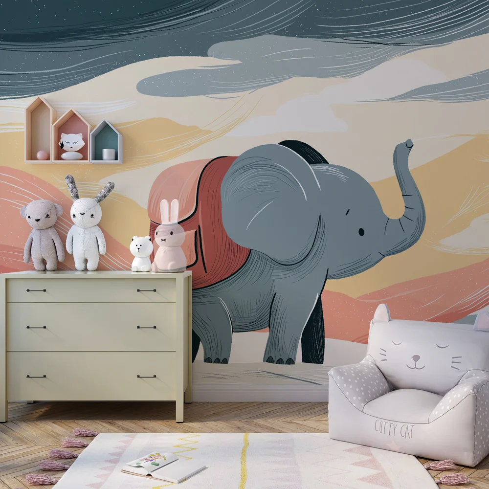 Papel de parede crianç | Aventureiro elefante ao pôr do sol