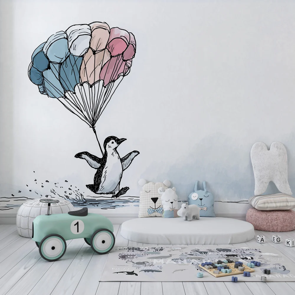 Papel de parede crianç | Aventureiro pinguim com paraquedas