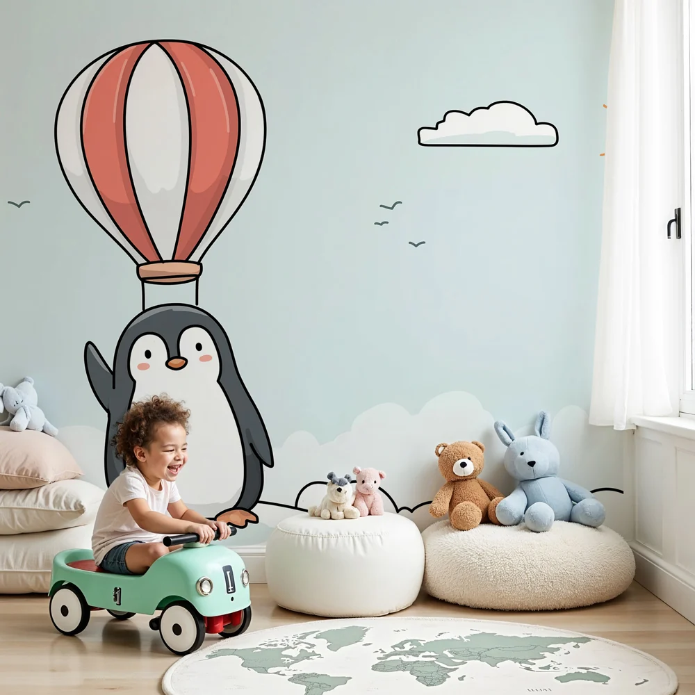 Papel de parede crianç | Aventureiro Pinguim com um balão de ar quente