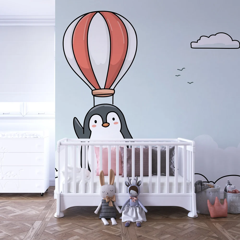 Papel de parede crianç | Aventureiro Pinguim com um balão de ar quente
