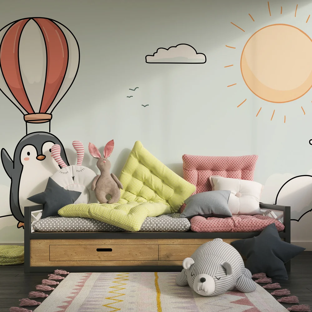 Papel de parede crianç | Aventureiro Pinguim com um balão de ar quente