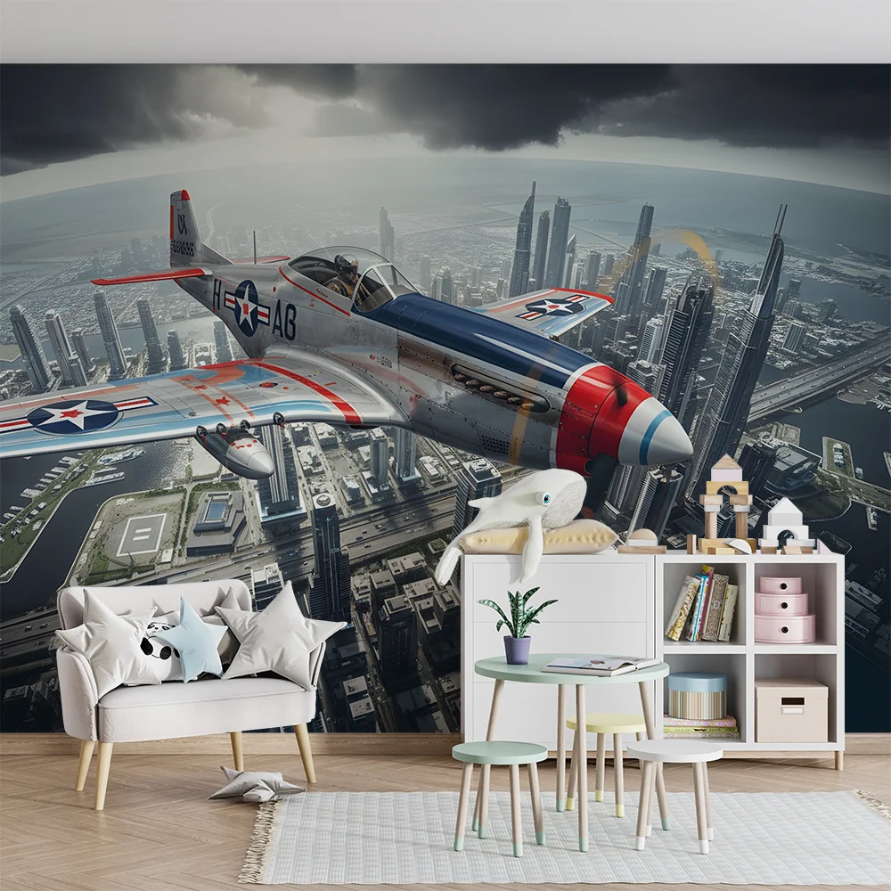 Papel de parede crianç | Avião retrô e horizonte urbano