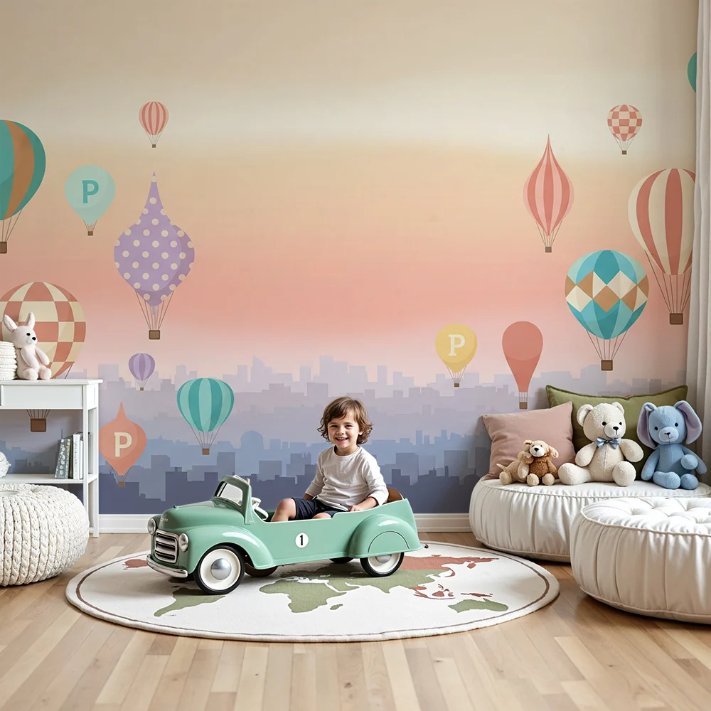 Papel de parede crianç | Balões de ar coloridos em fundo pastel