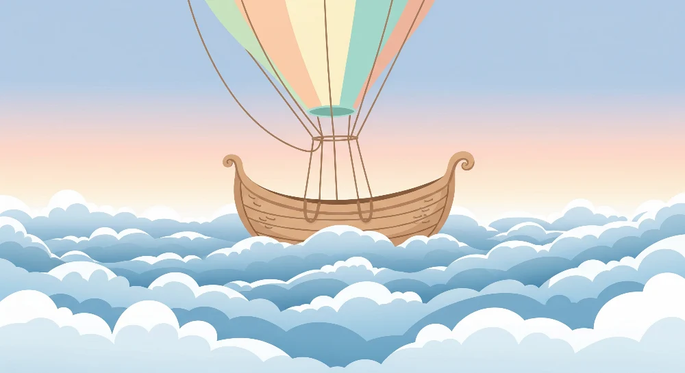 Papel de parede crianç | Balão de ar quente e nuvens suaves em um céu pastel