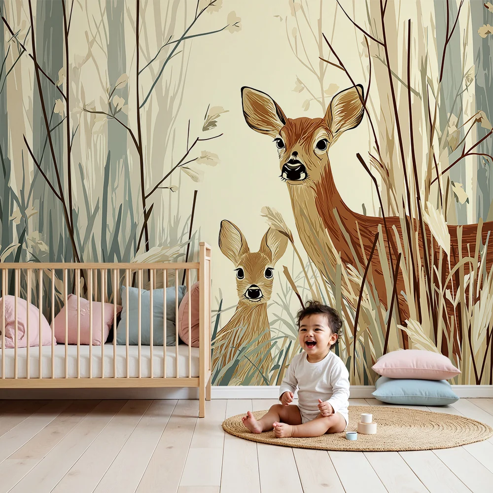 Papel de parede crianç | Bambi em uma floresta tranquila com delicadas ervas