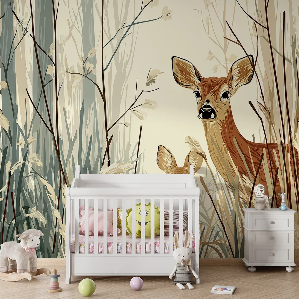 Papel de parede crianç | Bambi em uma floresta tranquila com delicadas ervas