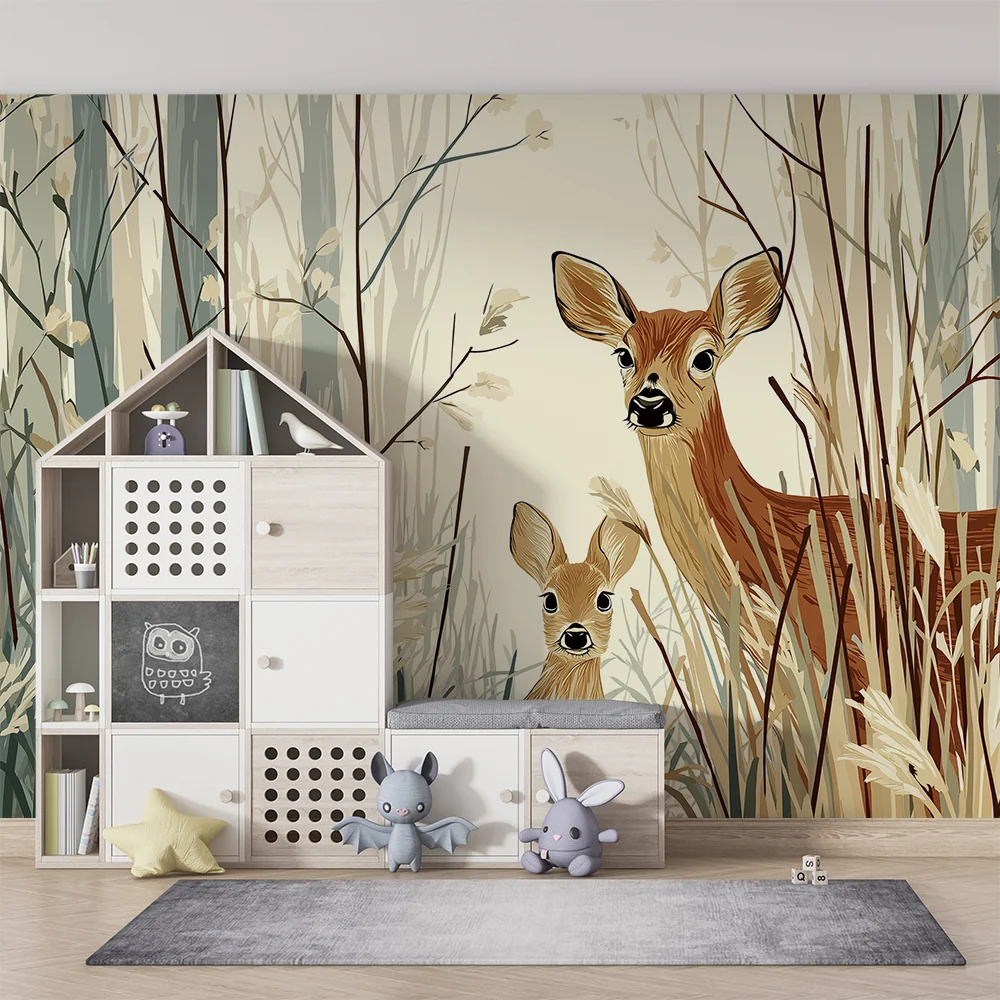 Papel de parede crianç | Bambi em uma floresta tranquila com delicadas ervas