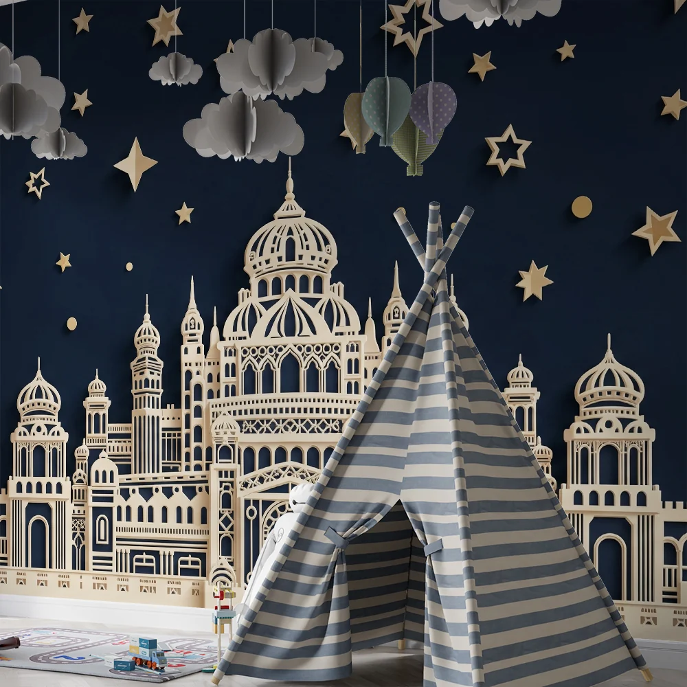 Papel de parede crianç | Bege castelo e fundo azul noite