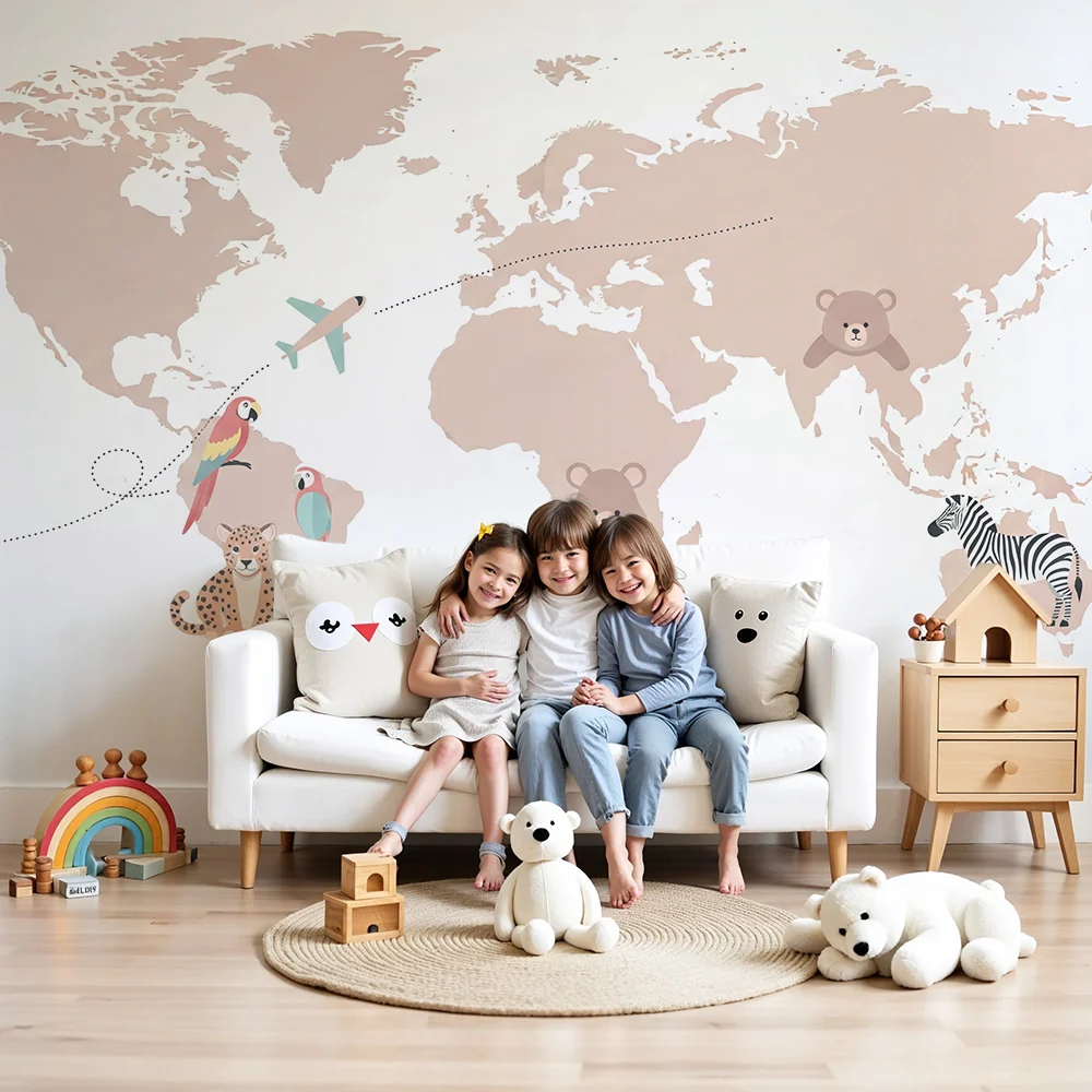 Papel de parede crianç | Bege mapa do mundo com animais e avião