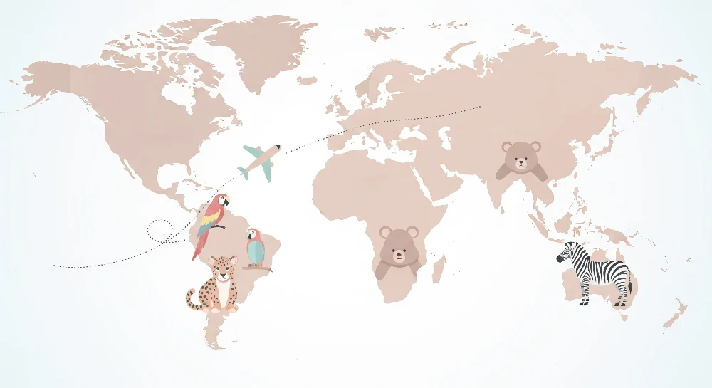 Papel de parede crianç | Bege mapa do mundo com animais e avião
