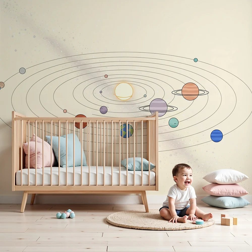 Papel de parede crianç | Bege sistema solar com planetas e estrelas