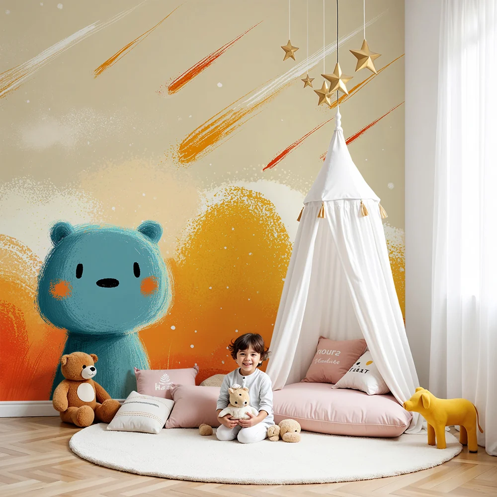 Papel de parede crianç | Blue bear under rain shooting stars