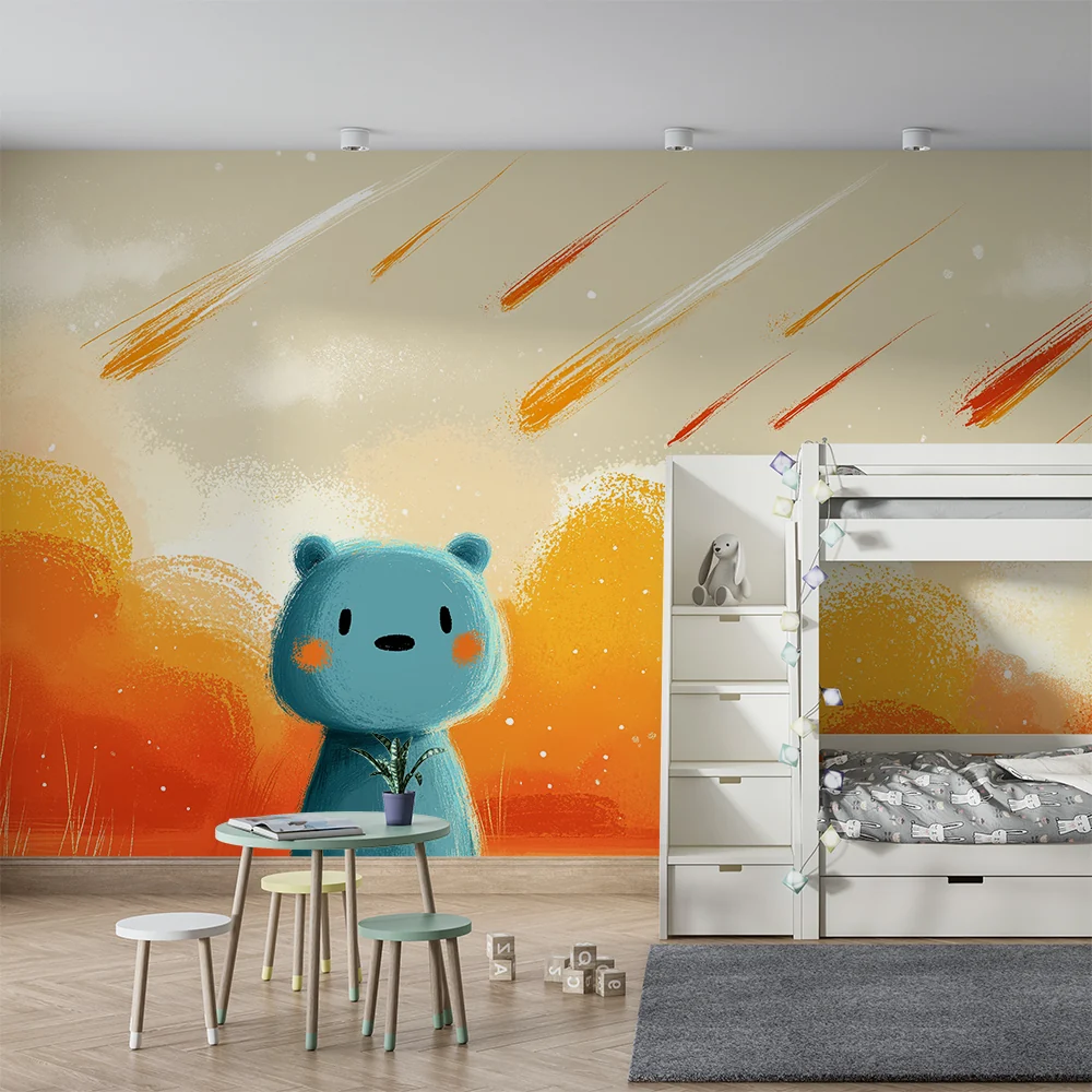 Papel de parede crianç | Blue bear under rain shooting stars