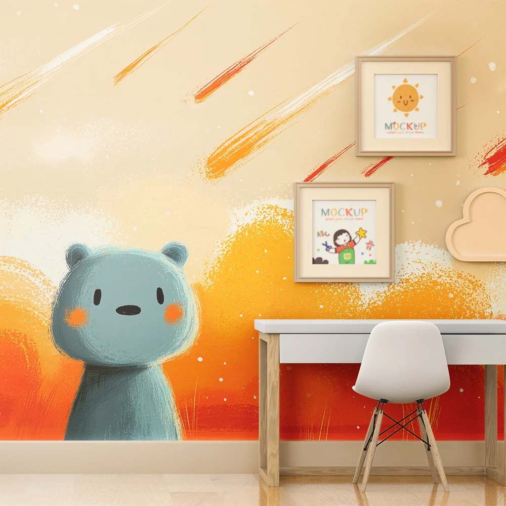 Papel de parede crianç | Blue bear under rain shooting stars