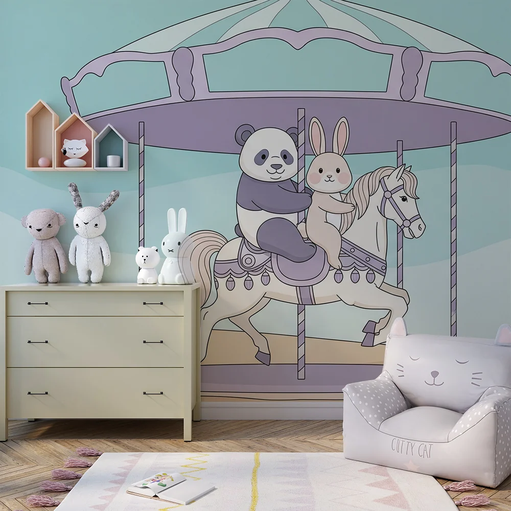 Papel de parede crianç | Bonito carrossel com panda e coelho