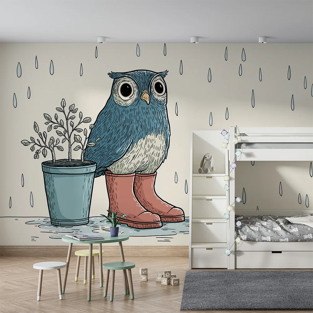 Papel de parede crianç | Bonito coruja na chuva com botas e planta