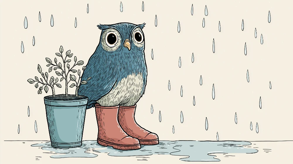 Papel de parede crianç | Bonito coruja na chuva com botas e planta