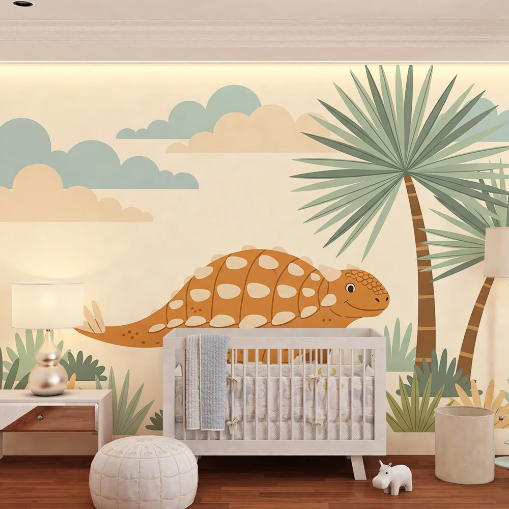 Papel de parede crianç | Bonito dinossauro em uma paisagem tropical