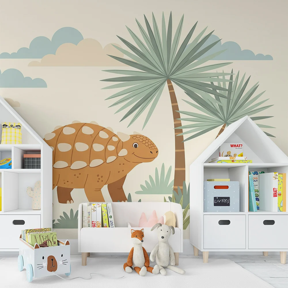 Papel de parede crianç | Bonito dinossauro em uma paisagem tropical
