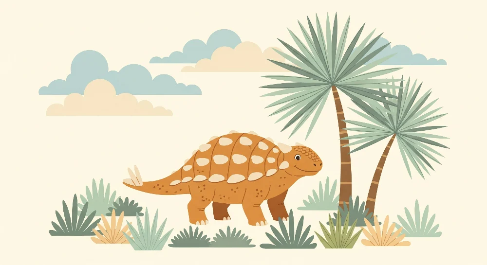 Papel de parede crianç | Bonito dinossauro em uma paisagem tropical