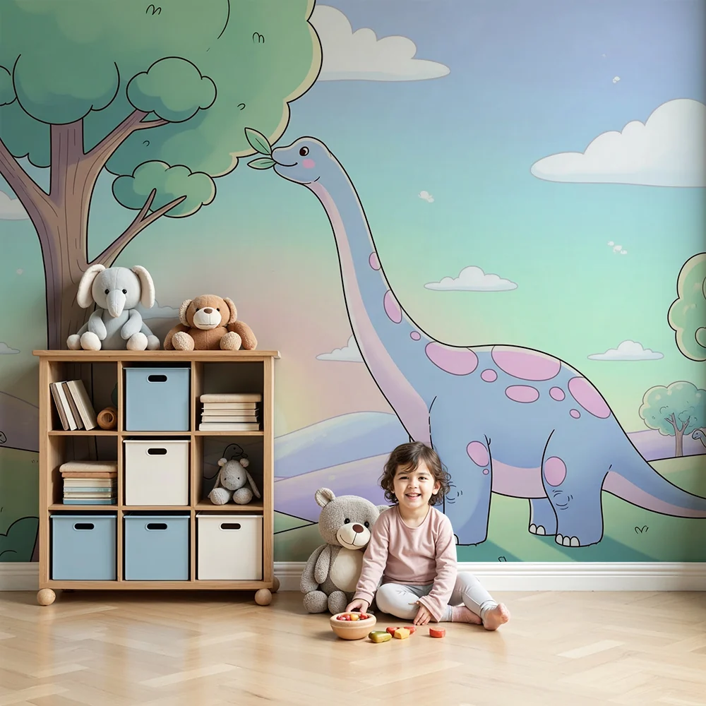 Papel de parede crianç | Bonito dinossauro em uma paisagem colorida