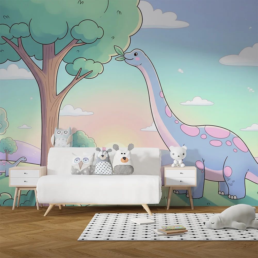 Papel de parede crianç | Bonito dinossauro em uma paisagem colorida