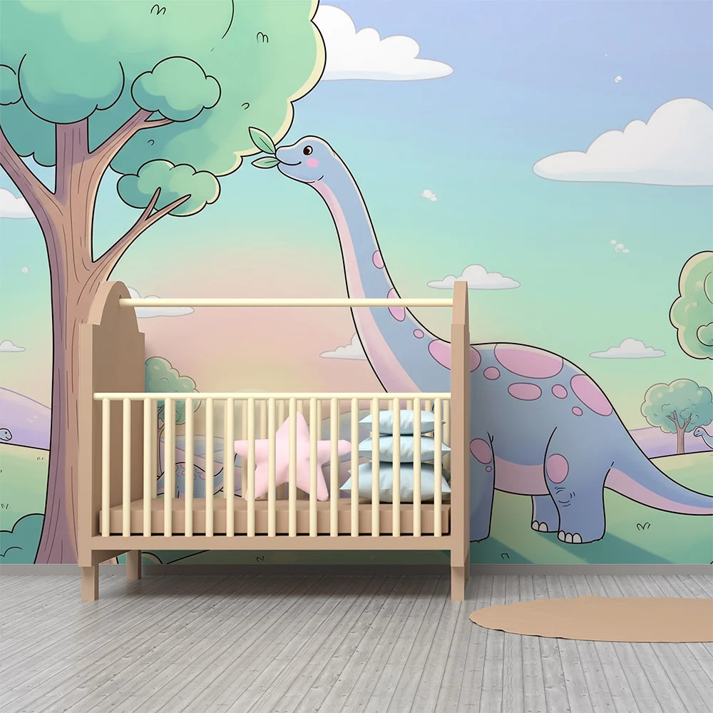 Papel de parede crianç | Bonito dinossauro em uma paisagem colorida