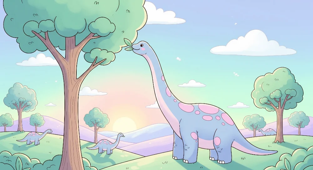 Papel de parede crianç | Bonito dinossauro em uma paisagem colorida