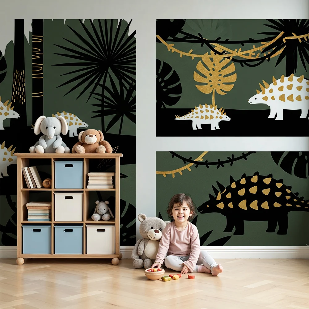 Papel de parede crianç | Bonito dinossauro em uma selva luxuriante