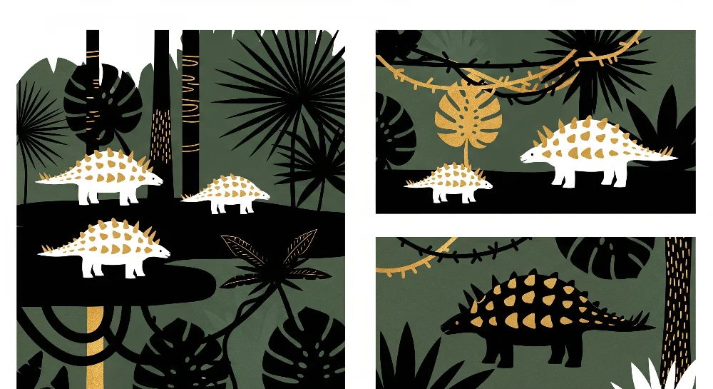 Papel de parede crianç | Bonito dinossauro em uma selva luxuriante
