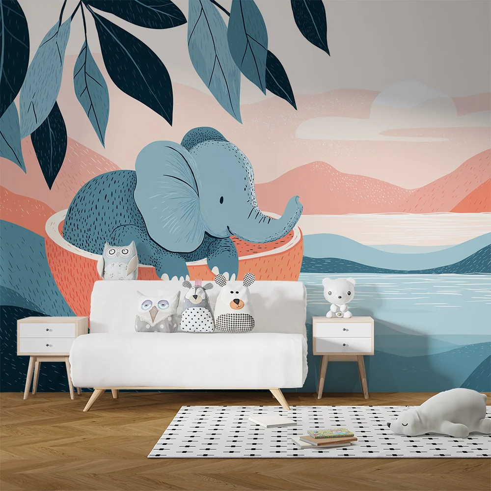 Papel de parede crianç | Bonito elefante em uma paisagem tranquila