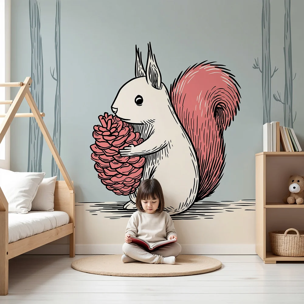 Papel de parede crianç | Bonito esquilo com uma pinha em uma floresta suave