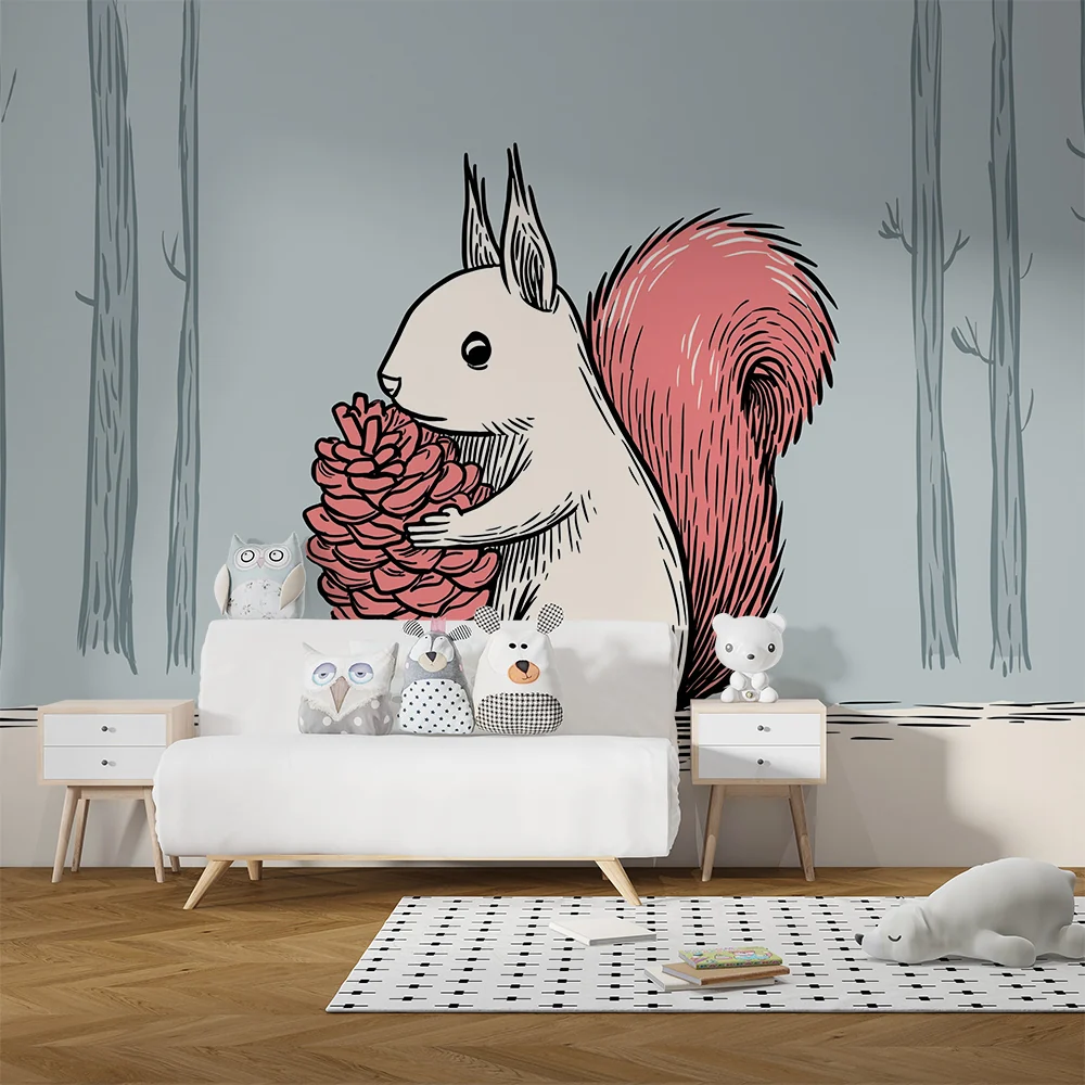 Papel de parede crianç | Bonito esquilo com uma pinha em uma floresta suave