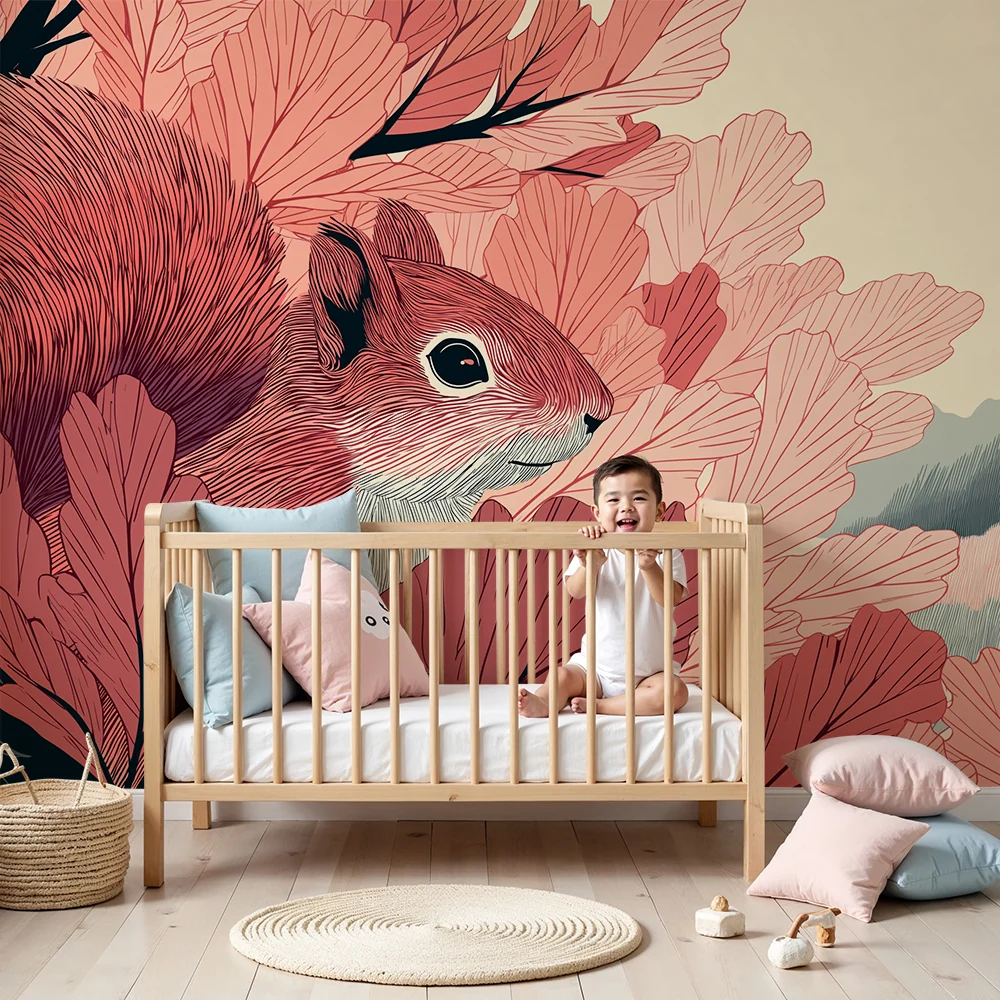 Papel de parede crianç | Bonito esquilo no meio de folhagens cor-de-rosa