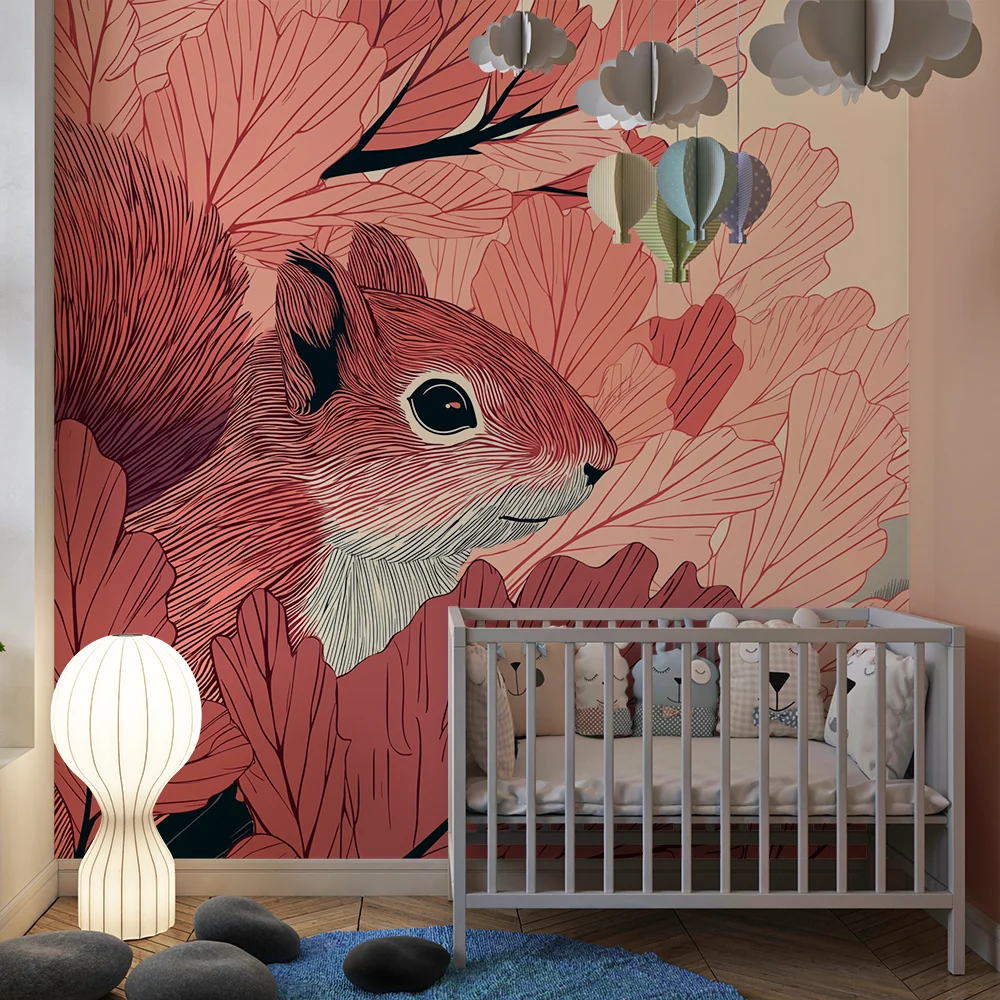 Papel de parede crianç | Bonito esquilo no meio de folhagens cor-de-rosa