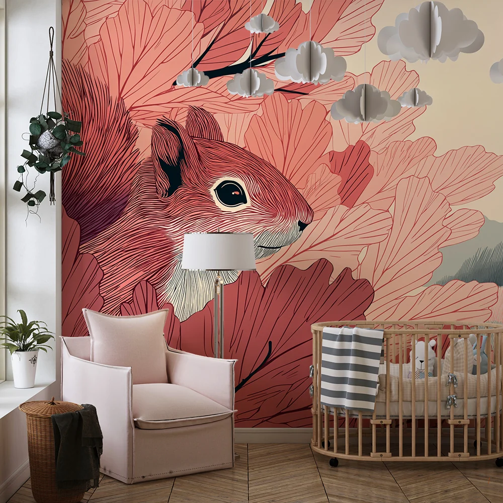 Papel de parede crianç | Bonito esquilo no meio de folhagens cor-de-rosa