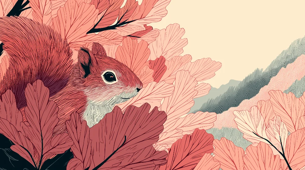 Papel de parede crianç | Bonito esquilo no meio de folhagens cor-de-rosa